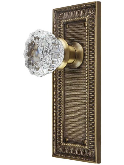 Pisano-Design Door Set with Fluted Crystal Glass Knobs in Antique Brass.